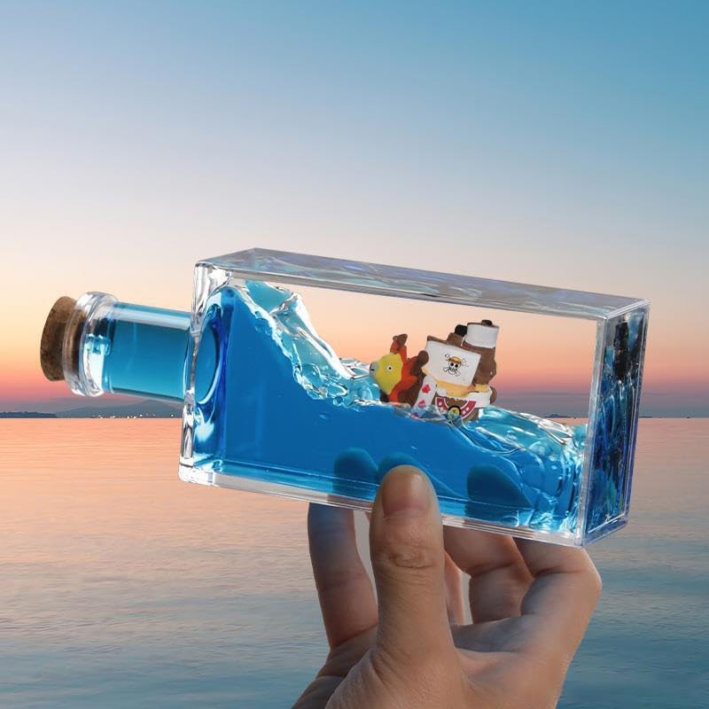 YimiBloss Unsinkable Thousand Sunny Anime Pirate Ship in A Bottle, Floating Ocean Desk Decor, Anime Themed Liquid Motion Decoration, Unique Gift for Fans and Office Home Desk Ornament - Image 2
